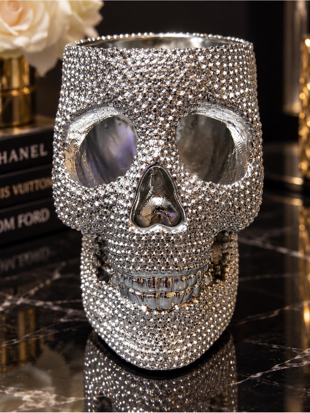 Silver Rhinestone Crystal Skull Statement Home Decor Glam Bling